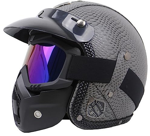 Kcolic Lederhelme Motorrad Chopper Fahrradhelm Open Face Vintage Motorradhelm Schutzbrille Integralhelm Motorrad ECE-Zertifizierung E,M=57-58CM