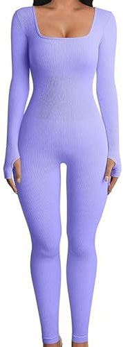 Rongseng Mono Deportivo Mujer Manga Larga Ajustado Jumpsuit de Cuello Cuadrado Mono Yoga Bodycon Traje de Una Pieza Elásticos Body Overol Mallas Push up Pantalones Color Sólido Largos Romper