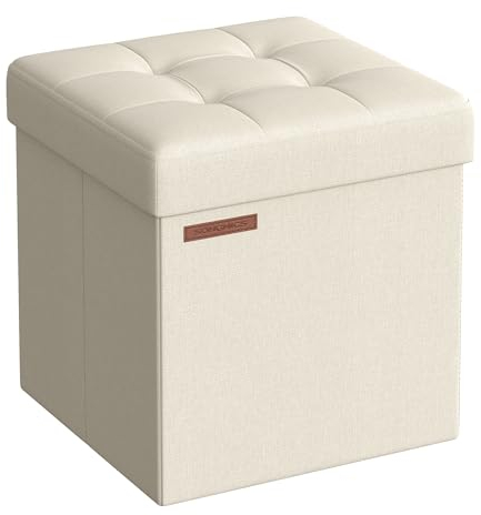 SONGMICS Puff Almacenaje 38 cm, Baúl de Almacenaje, Taburete Reposapiés, Blanco Crema LSF27W01