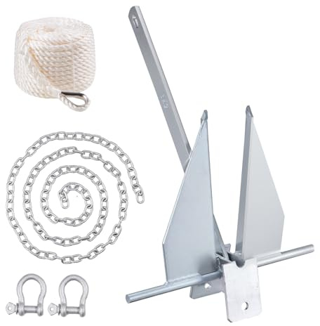 VEVOR Ancla Plana 6 kg Kit de Anclaje de Acero Galvanizado en Caliente con Cadena de 8 Pies Cuerda de 100 Pies y 2 Grilletes Ancla para Embarcaciones Pequeñas de Menos de 30 Pies, Mares, Ríos, Costas