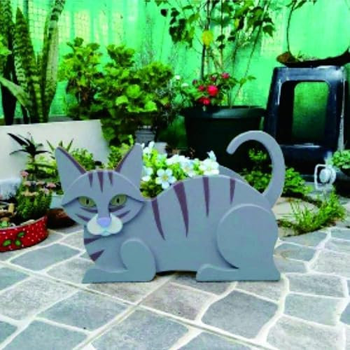 Flower Pots Outdoor Cat Planter Animal Decor Pots Cute Kitten Shaped Flower Pot Wooden Planter Boxes for Indoor Office Outdoor Home Garden Decoration Gift (Color : Grey Cat)