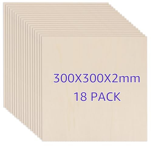ZOFUN Lot de 18 plaques de contreplaqué de 2 mm, 300 x 300 mm, contreplaqué de peuplier de 2 mm, bois non traité, plaques de bois de balsa, panneaux en bois pour travaux manuels, projets laser