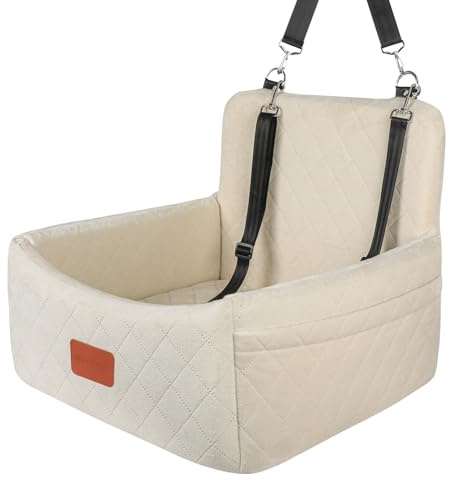 WOOAIDAGG Hundefahrersitz für kleine/mittlere Hunde, tragbare Reisehundebett mit Memory-Schaum, abnehmbar und waschbar, 3-Riemen-Sicherheitsfahrersitz für Hunde (Beige, Small)