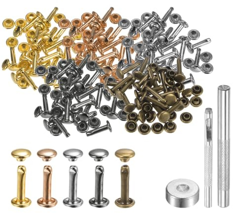 QUARKZMAN 100 Sets 6mm x 12mm Leder Nieten Doppelkappe Nieten Mehrfarbig | Runde Druckknöpfe, Metall, Tubular, Mit 3 Stück Werkzeugen, Für Handwerk Reparatur Dekoration Gürtel Kleidung