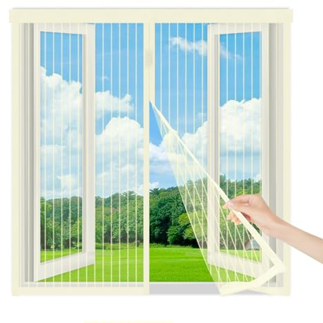 Fliegengitter Fenster Magnet 125x90cm,Moskitonetz Fenster mit Klettband, Insektenschutz Fenster Ohne Bohren, Ideal für Balkonfenster Wohnzimmerfenster und Terrassenfenster,Beige