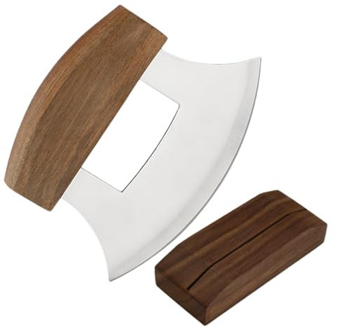 Ulu Coupe-pizza Alaska | Coupe-pizza à bascule – Poignée ergonomique en acier inoxydable avec support en bois pour ail, chocolat