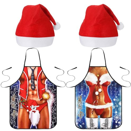 Hestya 4 Pezzi Set di Grembiuli e Cappelli Natalizi Grembiuli da Cucina per Moglie e Marito Regalo Divertente di Natale per Adulti Uomo Donna Cena Festa Barbecue