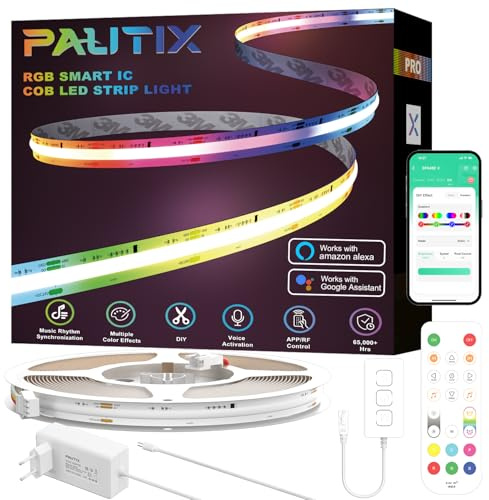 PAUTIX WIFI RGB Smart IC Ruban LED COB 10M Kit, DC24V Pixels à Changement de Couleur Adressable Smart RGB LED Bande Lumineuse améliorée pour Alexa/Google Assistant pour Projets d'Éclairage à Domicile