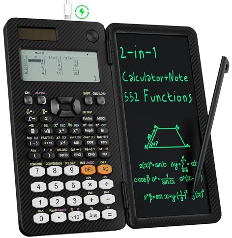ROATEE Mattschwarz Wissenschaftlicher Taschenrechner, 552 Rechenfunktionen, 6-zeiliges Display, übersichtliches Display, wiederaufladbar, für komplexe Berechnungen geeignet | Tischrechner, wiederaufladbar, solarbetrieben, mit löschbarem LCD-Schreibtablett für High School College Absolventen