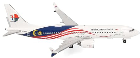 Herpa Modellflugzeug Malaysia Airlines Boeing 737 Max 8 – 9M-MVA, Miniatur im Maßstab 1:500, Sammlerstück, Modell ohne Standfuß, Metall, Weiß, Rot, Blau, Gelb