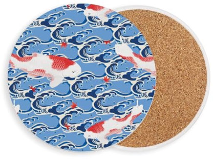 Untersetzer aus Keramik, rund, Koi-Fisch, japanische Welle, traditionelles japanisches Kimono-Design, 1 Einheit (108 x 108 mm)