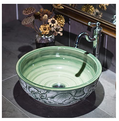 CAFIEDR Lavandino da appoggio Vintage, lavabo Artistico Rotondo da Bagno sopra Il bancone con Rubinetto, Scarico a Scomparsa, lavabo in Porcellana intagliata