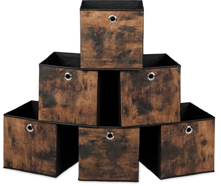 Relaxdays Aufbewahrungsbox, 6er Set, HxBxT: 26x26x26 cm, schwarz/braun | Stoff, Holzoptik, Griffloch, faltbare Regalboxen