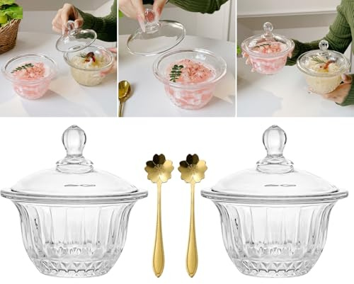 Boxonly Juego de cuencos de postre de vidrio con tapa, 210 ml, cuencos de vidrio transparentes hechos a mano para helados, pudín, aperitivos, incluye 2 cuencos y 2 cucharas de cerezo, diseño
