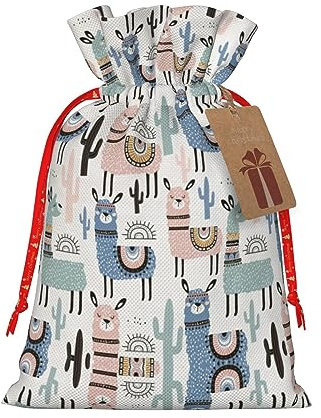 HJLUUFT Jutebeutel mit Lama-Alpaka-Kaktus-Druck, Weihnachts-Geschenktüte mit Kordelzug und Geschenkanhänger, für Hochzeit, Weihnachten, Party