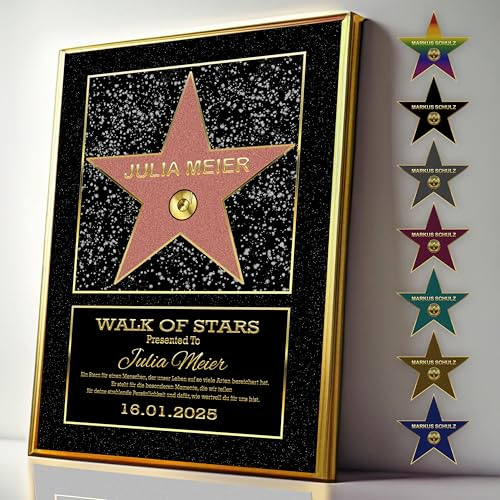 DUOMIO HOLLYWOOD Walk of Fame Stern, personalisierte Urkunde optional mit Rahmen | 3 Größen, Design, Thema, Text, Hintergrundfarbe frei-wählbar| Premium-Papier-Druck| Geschenke Mann/Frau