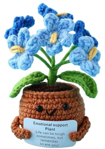 Handmade Crochet Flowers, Fake Forget Me Not Flowers Portable Emotional Support Gift for Friends Family Lover, Pretty Crochet Flower Small Potted for Desks, Bookshelves, Bedside, Tables (Blue)