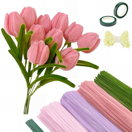400pcs Pipe Cleaners for Craft Flowers, Pipe Cleaners for Tulip Bouquet, Fuzzy Sticks Craft Supplies for Flower DIY Craft Kit Gift, Chenille Stems Arts & Crafts with Tutorial