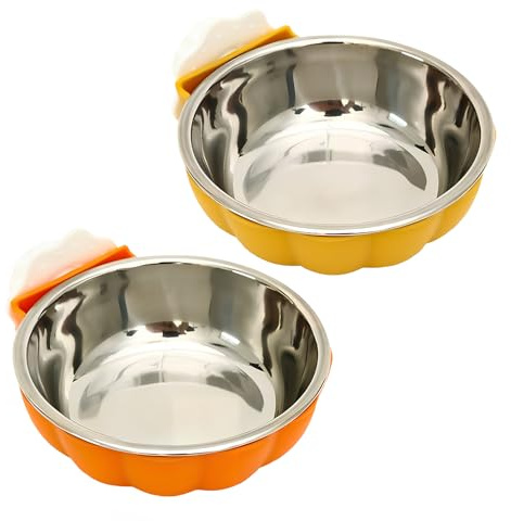 2-Pack Pet Crate Bowls – Stainless Steel Hanging Dog Cage Bowls – Removable Food & Water Bowls for Small Animals – Orange & Yellow