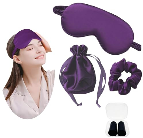 JK Home Masque de Sommeil en Soie Imitation Cache Yeux pour Dormir avec Sangle Elastique Sac Rangement Elastique à Cheveux Voyage Bureau Violet
