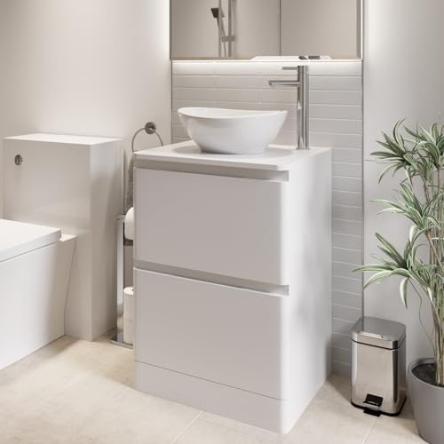 Affine® Forma 600mm Bathroom Cloakroom Vanity Unit Countertop Oval Basin Sink Freestanding Storage Furniture Soft Close Drawers, White Gloss