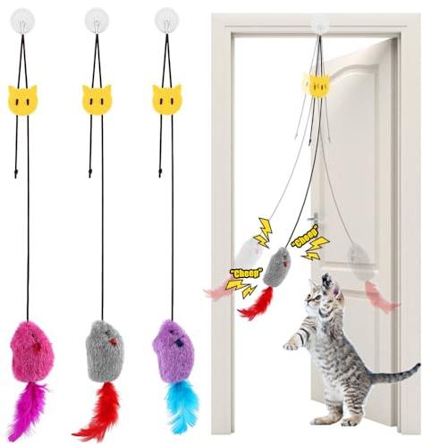 ZDQC 3 Stück Katzenspielzeug Selbstbeschäftigung Hängende Türrahmen Elastische Maus mit Quietschgeräusch,Interaktives Spielzeug für Katzen,Interaktives Katzenspielzeug