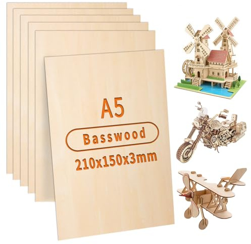 ddckj Compensato 3mm Pannelli Compensato A5 21 x 15 cm Legno Compensato di Tiglio 6 pezzi Adatto per Lavori Artigianali, Modellismo fai da te, Intaglio, Pittura, Progetti Laser e Incisione su Legno