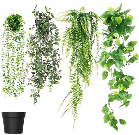 DEECOZY Artificial Hanging Plants, 4 Pack Fake Hanging Plants with Pot, Greenery Faux Fake Ivy Decor, Fake Potted Plant, Fake Ivy Faux Plant for Indoor Outdoor Wall Room Patio Office Table Shelf