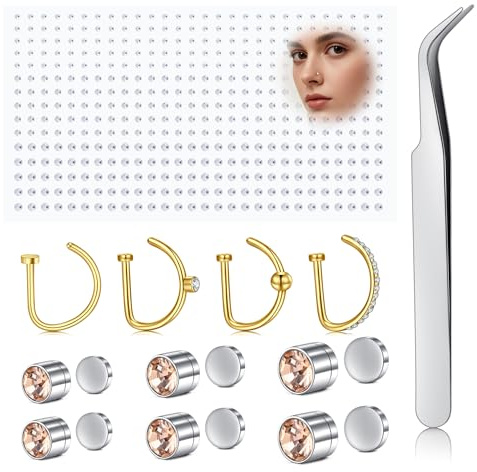 AVYRING Falska näsringar, rostfritt stål falsk näsring, icke-piercad magnetisk nässtav och strassklistermärke, clip-on nose piercing smycken för kvinnor män, 1.0mm, Rostfritt stål