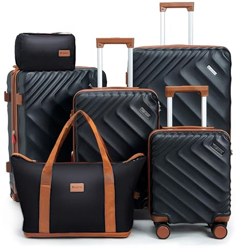 Rosamo 6 piece Luggage Set Expandable Suitcase 22x14x9 Airline Approved Carry on, ABS Hard Case Suitcases with Spinner Wheels, TSA Lock, (Black)