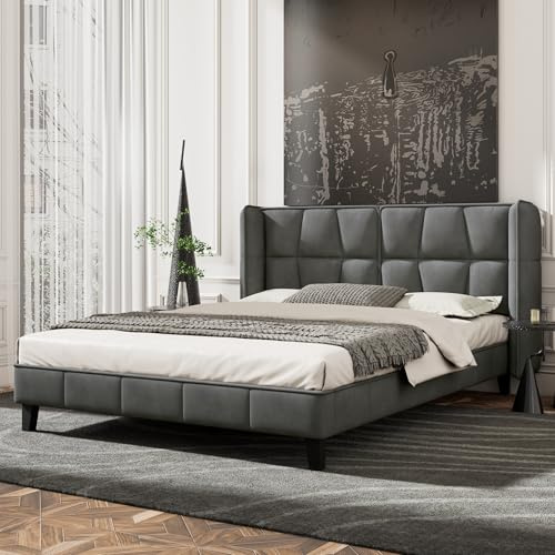 BXEYXE Cama tapizada de 140 x 200 cm con somier y cabecero. Cama juvenil. Soporte de listones de madera. Fácil montaje. Terciopelo gris