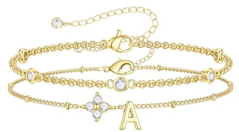 TINGN Gold Initial Bracelets for Women, 14K Gold Plated Layered Four Leaf Clover Letter A Bracelet Dainty Initial Bracelets for Women Girls Personalised Birthday Gifts for Woman Teenage Girl Jewellery