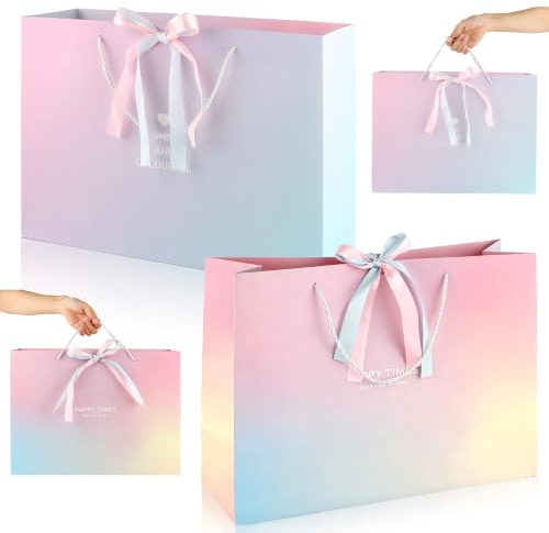 2 Stück Extra große Geschenktüten Set mit Griffen und Band 42x30x15cm Bunte Papiertragetaschen Rosa Farbverlauf Robust Geschenkbeutel Papiergeschenktüten für Geburtstag Hochzeit Baby Shower Jubiläum