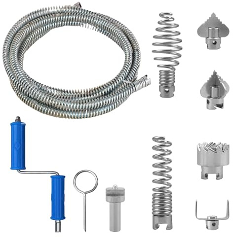 Desatascador Tuberías 5m Espiral de Limpieza - 6 Cabezales para Taladro | Limpiador Desagüe Flexible Acero para WC Baño Cocina, Kit Desatasco Manual y Eléctrico