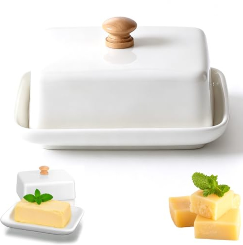 Umllpet Mantequera de Cerámica Blanca con Tapa y Mango de Madera, Capacidad 250g, Recipiente para Mantequilla Apto para Lavavajillas, Decoración de Cocina Minimalista