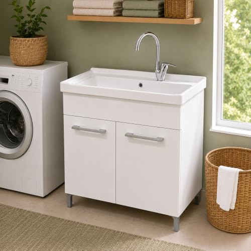 Mobile Lavatoio Lavanderia Bianco 80x50 cm con Vasca in Ceramica – Mobiletto Pilozza a Due Ante con Kit di Scarico Incluso – Già Assemblato Linea Lavanderia