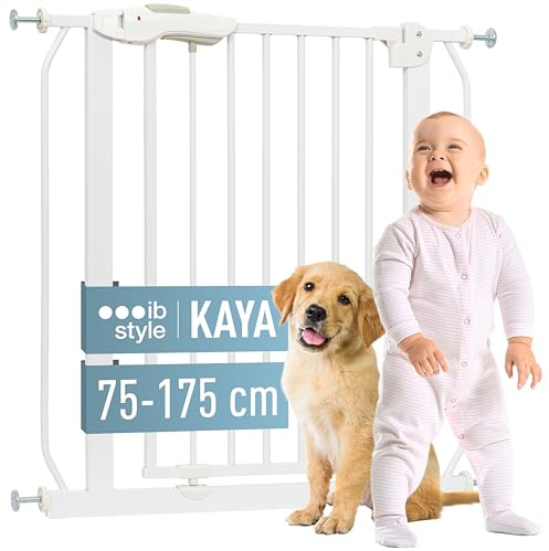 IB-Style - Barrera de seguridad para puerta/escalera «Kaya» | 75-175 cm | Color blanco | Se cierra automáticamente | 90° fijación | Doble cierre | Ajustable de 75-85 cm