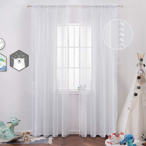 MIULEE Voile Gardine Pompons Stangendurchzug 2er Set B140 H145 Weiß | Luftige Voile-Gardine mit Pompons und Stangendurchzug, kinderfreundliches Design, dekorativ für, Schlafzimmer und Wohnzimmer