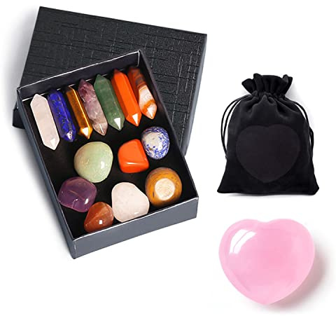 15-delat premiumset med helande kristaller, presenter, stenar, meditation, yoga, polerade naturliga ädelstenar, ädelstenar för avslappning, terapi, amulett, chakra, kvarts, palm, reiki, ametist