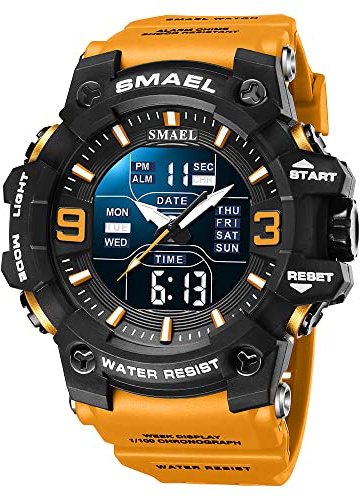 SMAEL Reloj deportivo para hombre, resistente al agua, luminoso, multifunción, fecha, cara, alarma, cronómetro, para hombre, Naranja, Digital