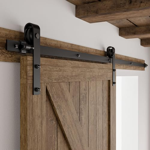 Schiebetürbeschlag 214cm Schiebetüren Schiebetürsystem Komplettset Laufschiene Rollen Set Schwarz für 1 Holztür 107cm Breit, Kleine Rolle in J-Form