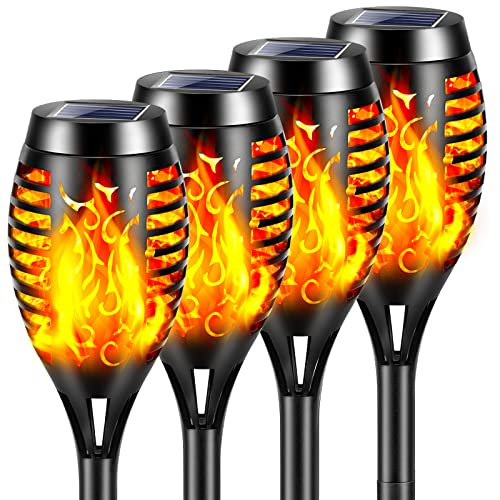 Solare Fiamma Luci,YAZEKY 4 Pezzi LED Lampade Solari da Giardino Torcia Luce con Fiamma Tremolante Realistico,Lampada Solare da Esterno IP65 Impermeabile, Luci Decorative per Esterno,Giardino,Patio
