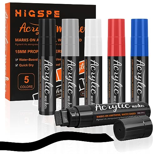 5 Farben 15mm Acrylstifte Breit, 3-in-1 Jumbo Acrylfarben Graffiti Stifte Acrylmarker für Steine Wasserfest, Permanent Marker Fein zum Bemalen Holz Glas Karton Blumentopf Körper Straßenkünstler