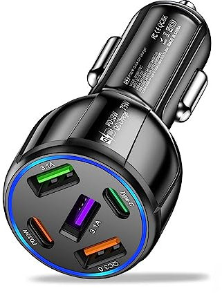 5 Port USB C Car Charger Adapter, 30W PD3 & QC3.0 Car Phone Charger Splitter Cigarette Lighter USB Charger Car USB Adapter Fast Charge for iPhone Samsung Galaxy Phone Tablets & More