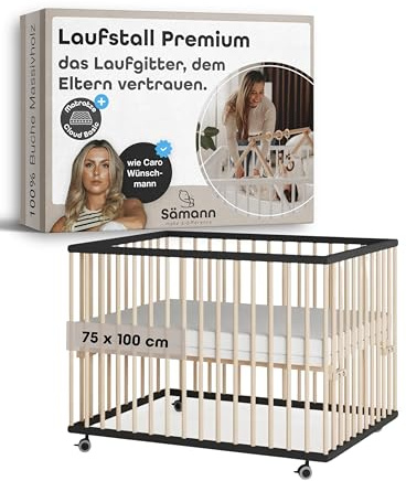 Sämann Laufstall Baby 75x100 cm mit Matratze | TÜV geprüft 2024 | stufenlos höhenverstellbar | Laufgitter Premium | Babybett aus Holz | Krabbelgitter schwarz/natur