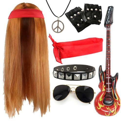 Adults 80s Rock Star Accessory Set - Long Ginger Wig, Plain Red Bandana, Sunglasses, Gloves, Inflatable Guitar, Studded Armband, Peace Necklace - Mens 1980s Rock Band Costume Accessory Set
