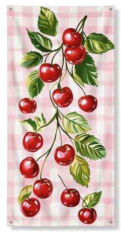 Pancartas decorativas para puerta de cerezas en flor, cerezas rojas retro, hojas verdes, decoración de puerta delantera, suministros de fiesta de verano para interiores y exteriores, 36 x 72 pulgadas