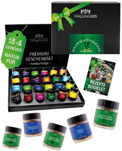 Hallingers Genuss Manufaktur Gewürz Jäger-Geschenk-Set - 24 Gewürze aus aller Welt in wertiger Geschenkbox mit Rezept-Booklet Waidmannsheil XXL, Jagd-Geschenkidee für Jäger