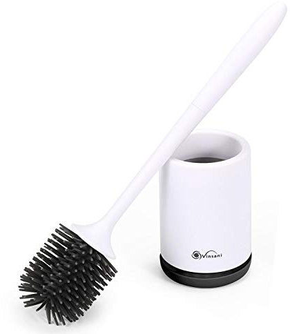 Vinsani Toilet Brush with Handle & Holder Set - Non-Slip Plastic handle with Deep Cleaner Flexible Rubber Bristles and Quick Dry Holder, Black, 1 Pack