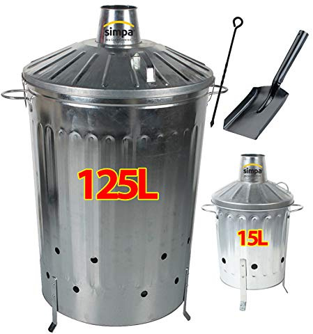 Simpa 2PC Garden Incinerator Bundle: 1 x 125L 125 Litre Incinerator & 1 x 15L 15 Litre Incinerator - Galvanised Metal Locking Lid Incinerators with Poker & Shovel Sets